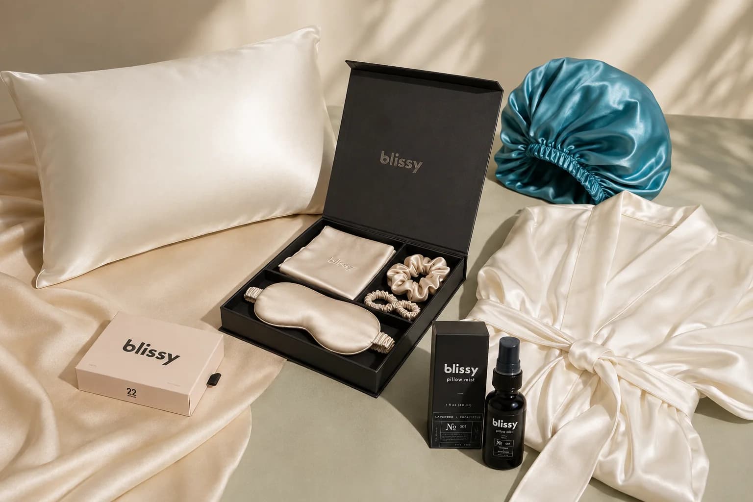 Illustrated arrangement of Blissy silk pillowcase, Dream Set, bonnet, robe and pillow mist